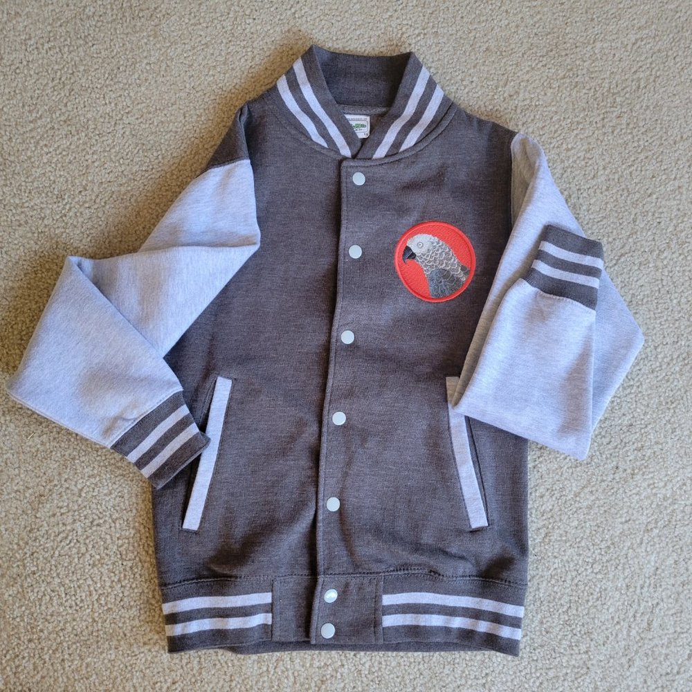 NEW African Grey Parrot Embroidered Varsity Bomber Sweatshirt XS Bird - Picture 7 of 11